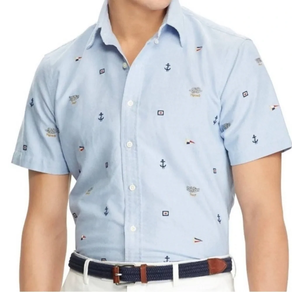 Ralph Lauren Chambray Nautical Print Short Sleeve Buttoned Down Shirt Size L